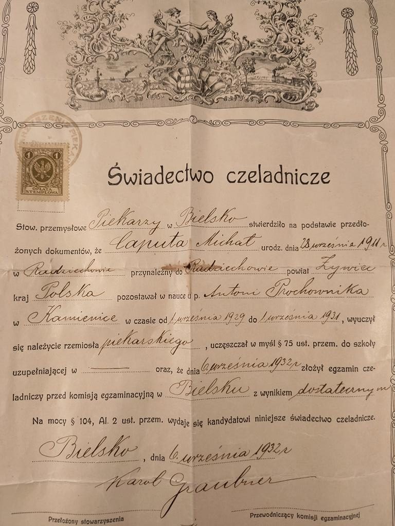Świadectwo czeladnicze - Stowarzyszenie Piekarzy w Bielsku, 1932 r.