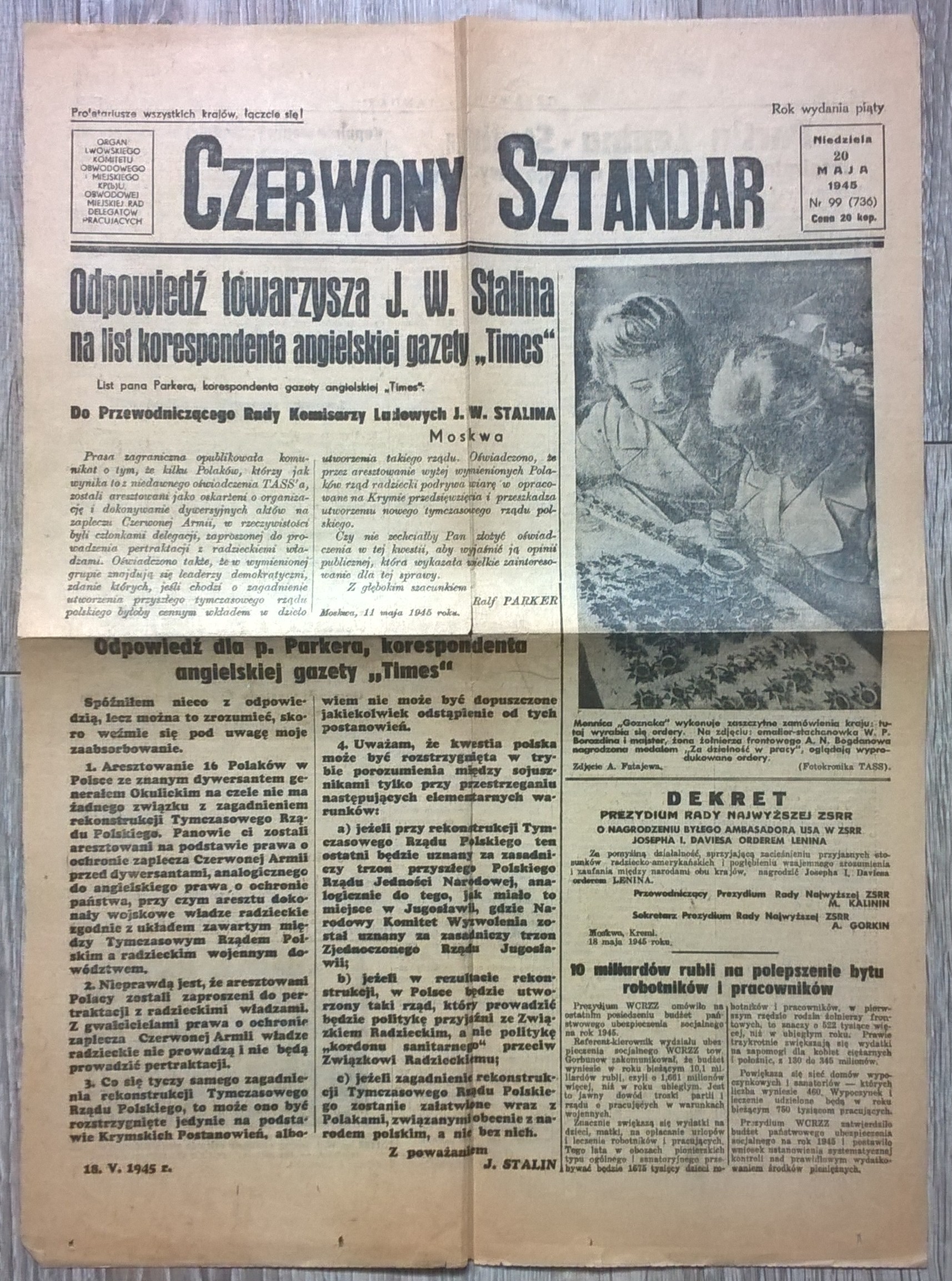 Gazeta "Czerwony sztandar" Nr 99 - 20 maja 1945 r.