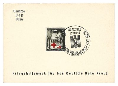 Kartka ze znaczkiem i stemplem - Deutsche Post Osten, Pomoc Wojenna Niemieckiego Czerwonego Krzyża, Warschau (Warszawa) 1940 r.