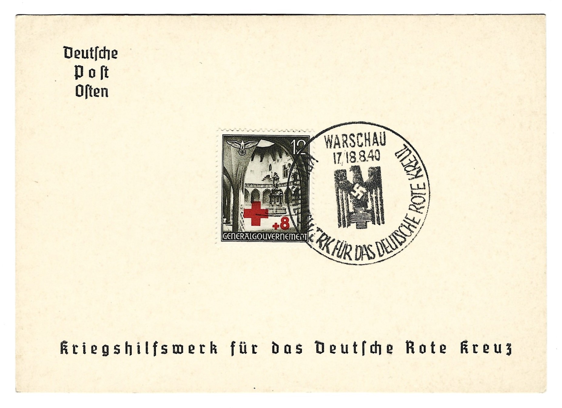 Kartka ze znaczkiem i stemplem - Deutsche Post Osten, Pomoc Wojenna Niemieckiego Czerwonego Krzyża, Warschau (Warszawa) 1940 r.