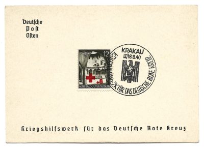 Kartka ze znaczkiem i stemplem – Deutsche Post Osten, Pomoc Wojenna Niemieckiego Czerwonego Krzyża, Krakau (Kraków) 1940 r.