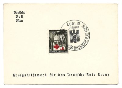 Kartka ze znaczkiem i stemplem – Deutsche Post Osten, Pomoc Wojenna Niemieckiego Czerwonego Krzyża, Lublin 1940r.