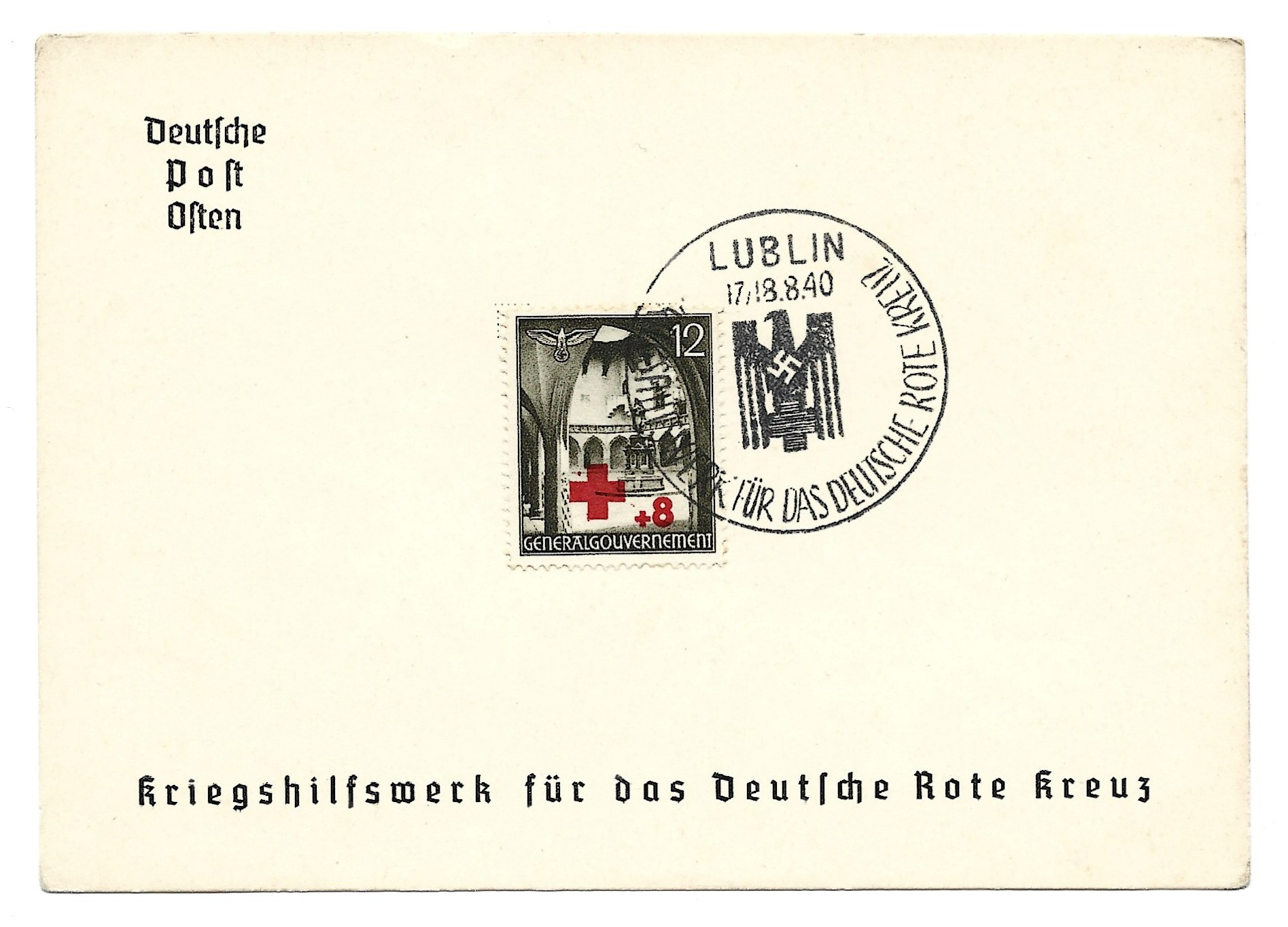 Kartka ze znaczkiem i stemplem – Deutsche Post Osten, Pomoc Wojenna Niemieckiego Czerwonego Krzyża, Lublin 1940r.