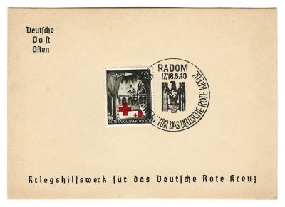 Kartka ze znaczkiem i stemplem – Deutsche Post Osten, Pomoc Wojenna Niemieckiego Czerwonego Krzyża, Radom 1940r.
