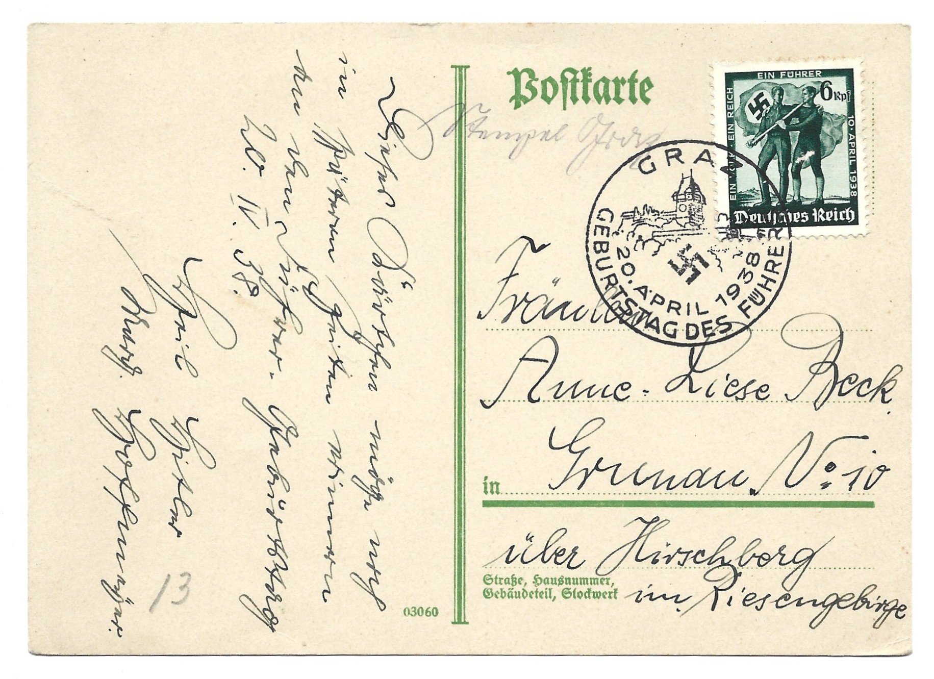 Kartka pocztowa - znaczek i stempel Deutsches Reich - GRAZ, 20. kwietnia 1938 - urodziny Hitlera