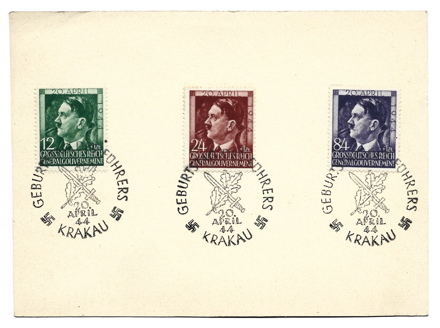 Karta ze znaczkami i stemplami - Geburtstag des Führers, Krakau, 20. April 44 - urodziny Hitlera, Kraków