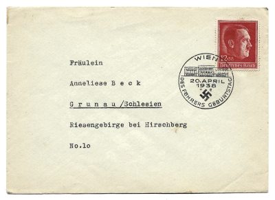 Koperta ze znaczkiem i stemplem - Deutsches Reich / Des Führers Geburtstag 20 April 1938 WIEN (Wiedeń)