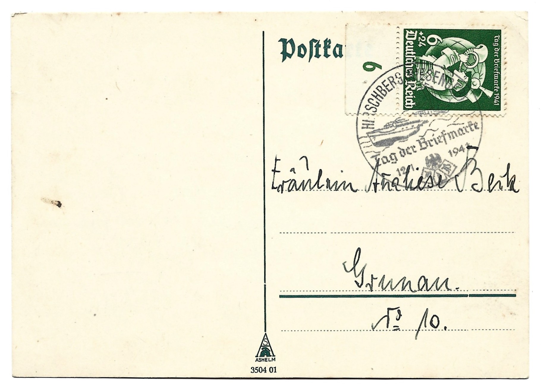 Kartka pocztowa ze znaczkiem i stemplem Deutsches Reich - Tag der Briefmarke 1941 - Dzień Znaczka