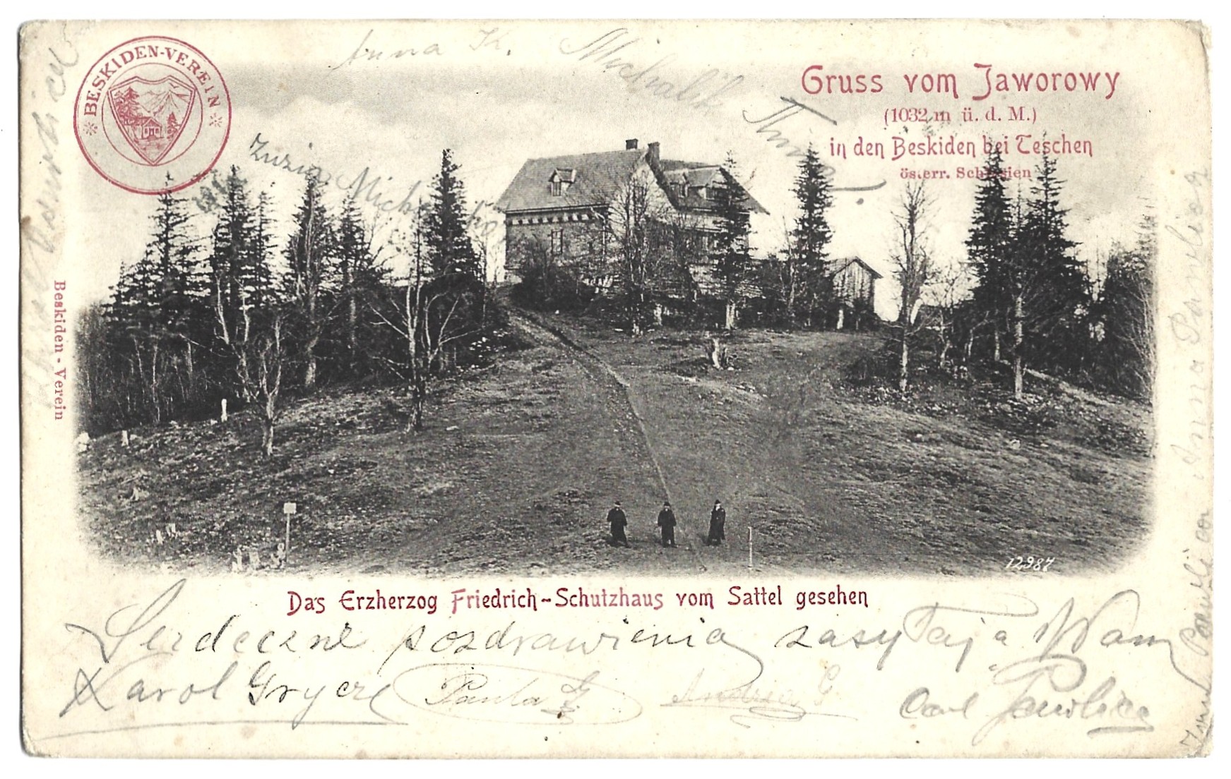 Pocztówka: Gruss vom Jaworowy - Pozdrowienia z Jaworowego w Beskidach koło Cieszyna, Śląsk Austriacki - Beskiden-Verein