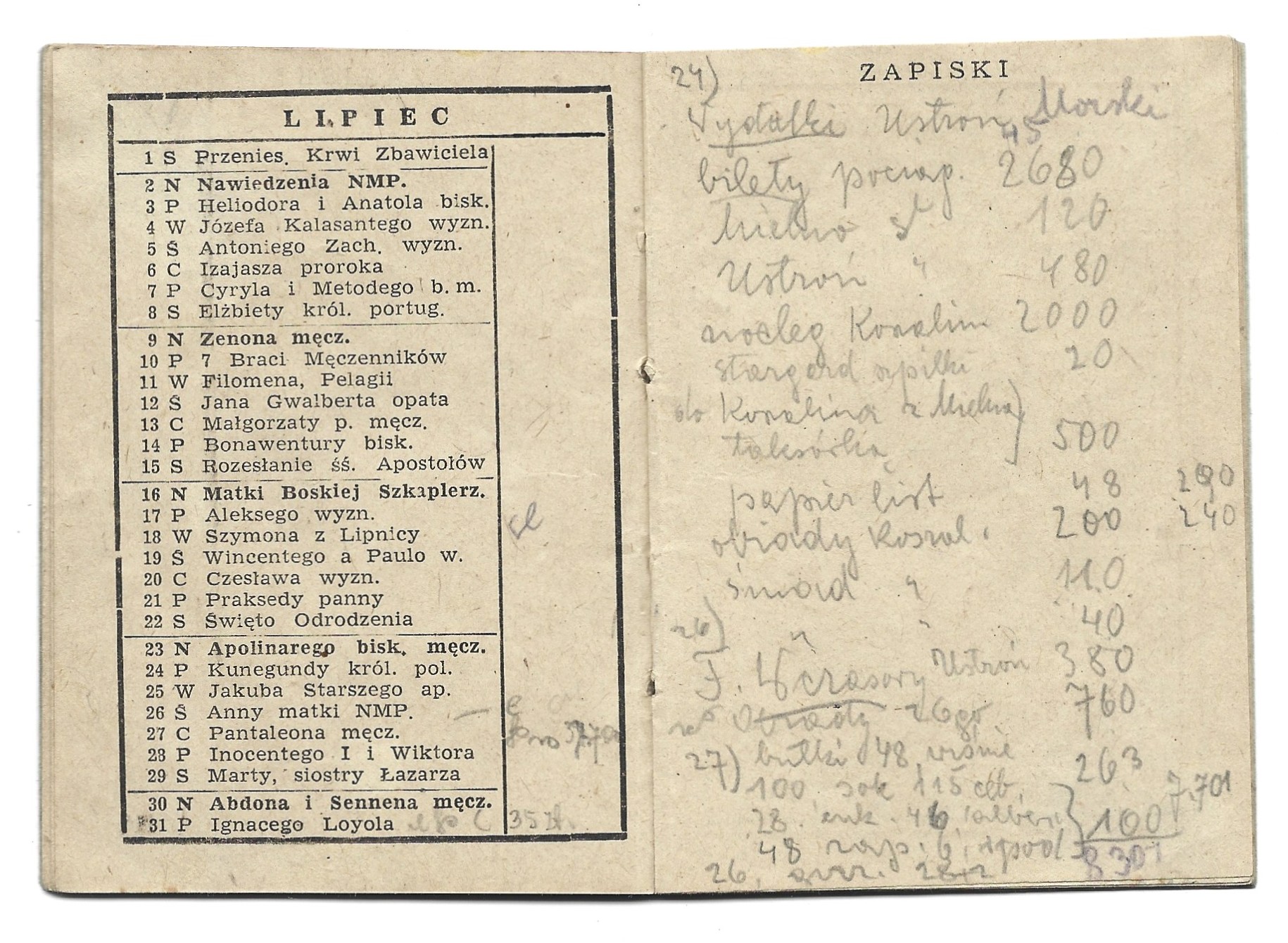 Kalendarzyk kieszonkowy na rok 1950