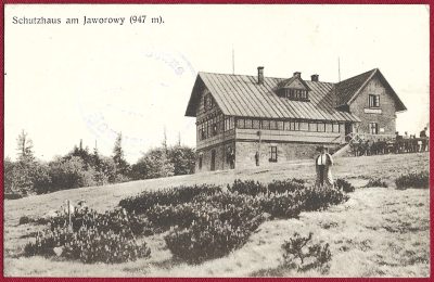 Pocztówka - Schutzhaus am Jaworowy (947 m). - Schronisko na Jaworowym, 1920 r.