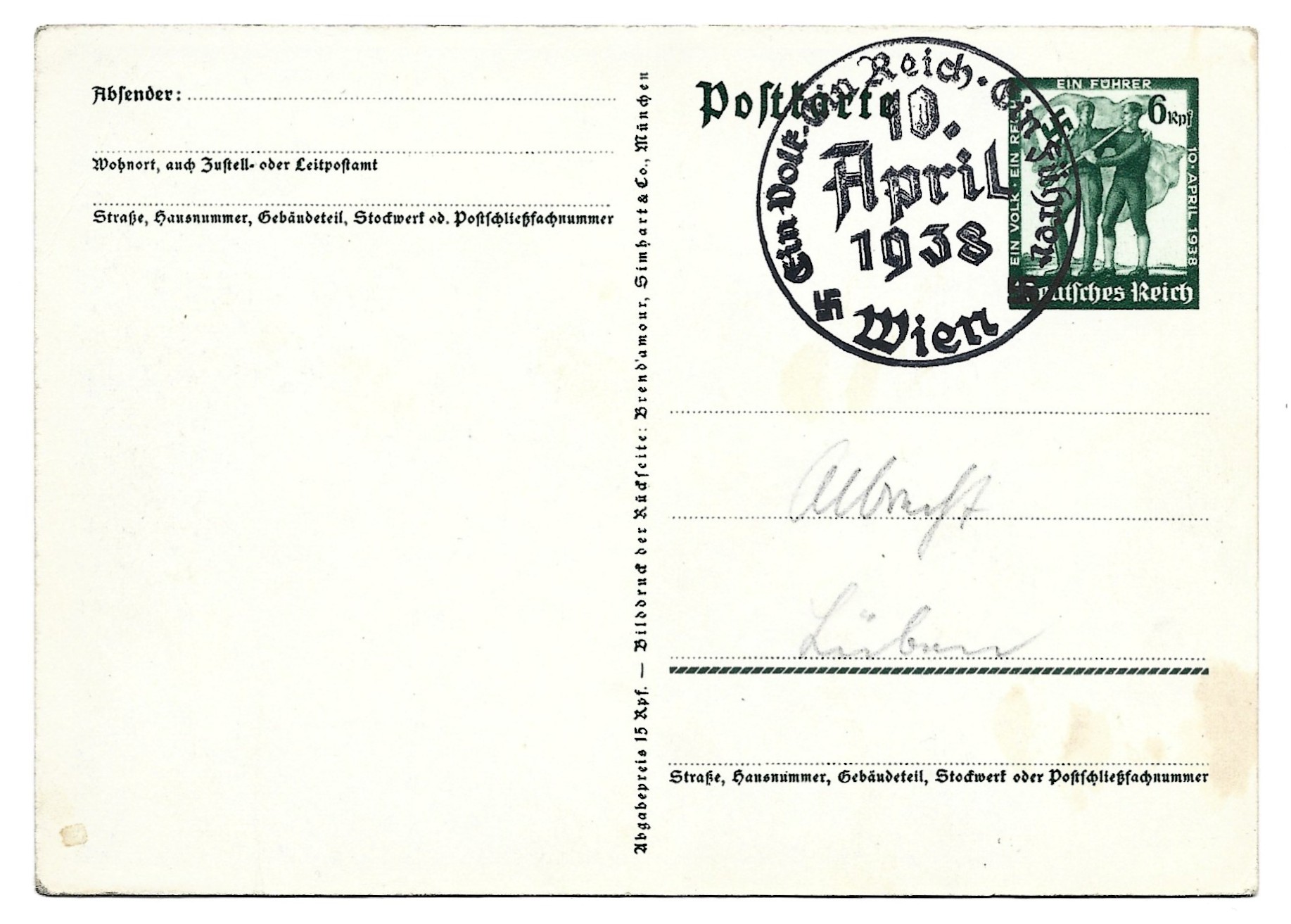 Kartka pocztowa - znaczek i stempel Deutsches Reich - Ein Volk, ein Reich, ein Führer - WIEN 1938 - Wiedeń