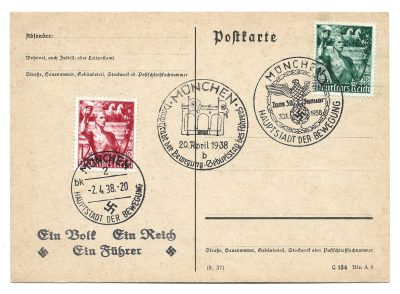 Kartka pocztowa ze znaczkami i stemplami - Deutsches Reich / Ein Volk, ein Reich, ein Fuhrer - München 1938