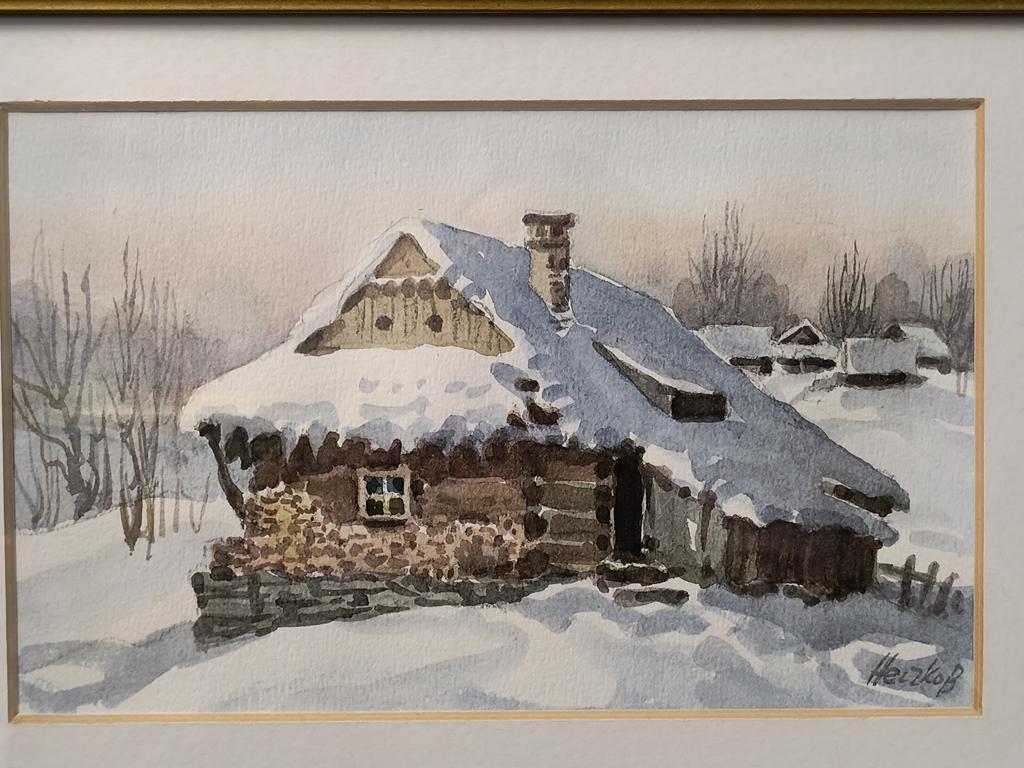 Obraz – krajobraz zimowy, drewniana chata – Bogusław Heczko