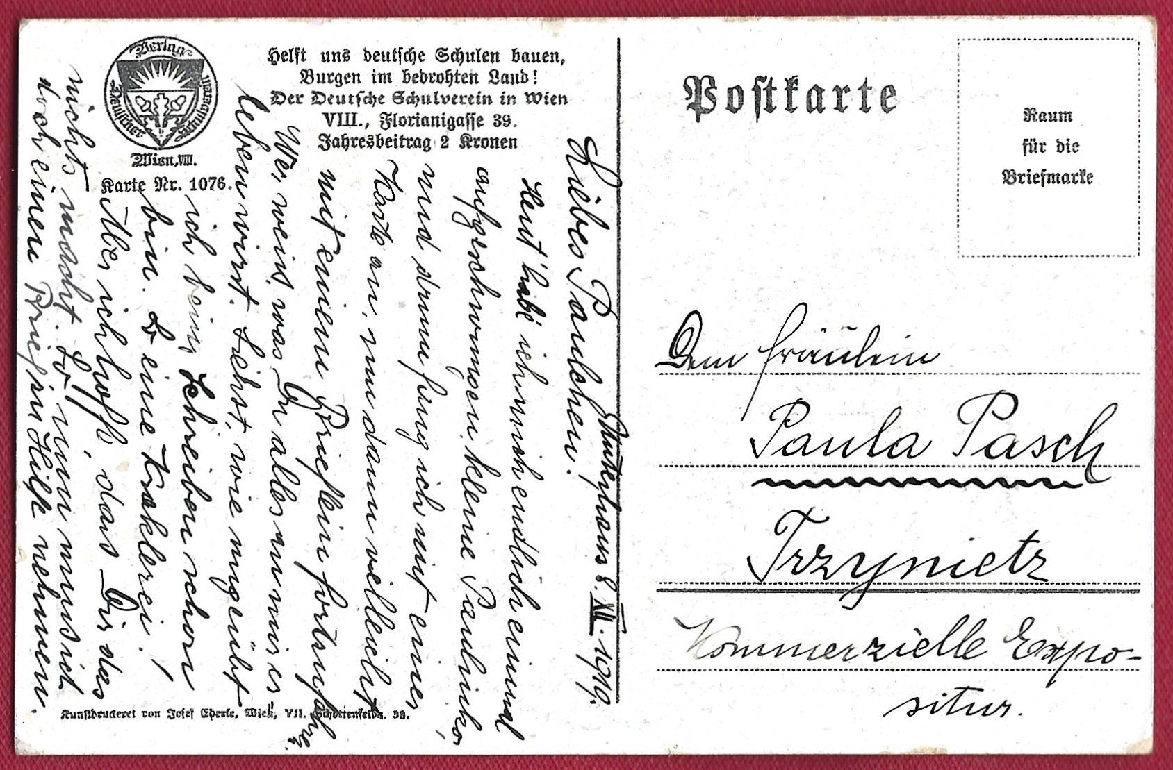 Kartka pocztowa, 1919 r. - Niemieckie Stowarzyszenie Szkolne w Wiedniu