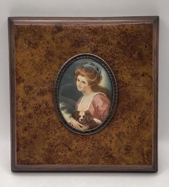 Obraz w drewnianej ramce - portret kobiety z pieskiem - sygnowany Ranney