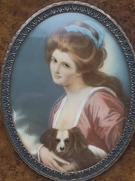 Obraz w drewnianej ramce - portret kobiety z pieskiem - sygnowany Ranney