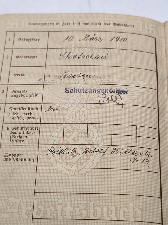 Książeczka Pracy, Bielsko – Arbeitsbuch, Bielitz – Deutsches Reich