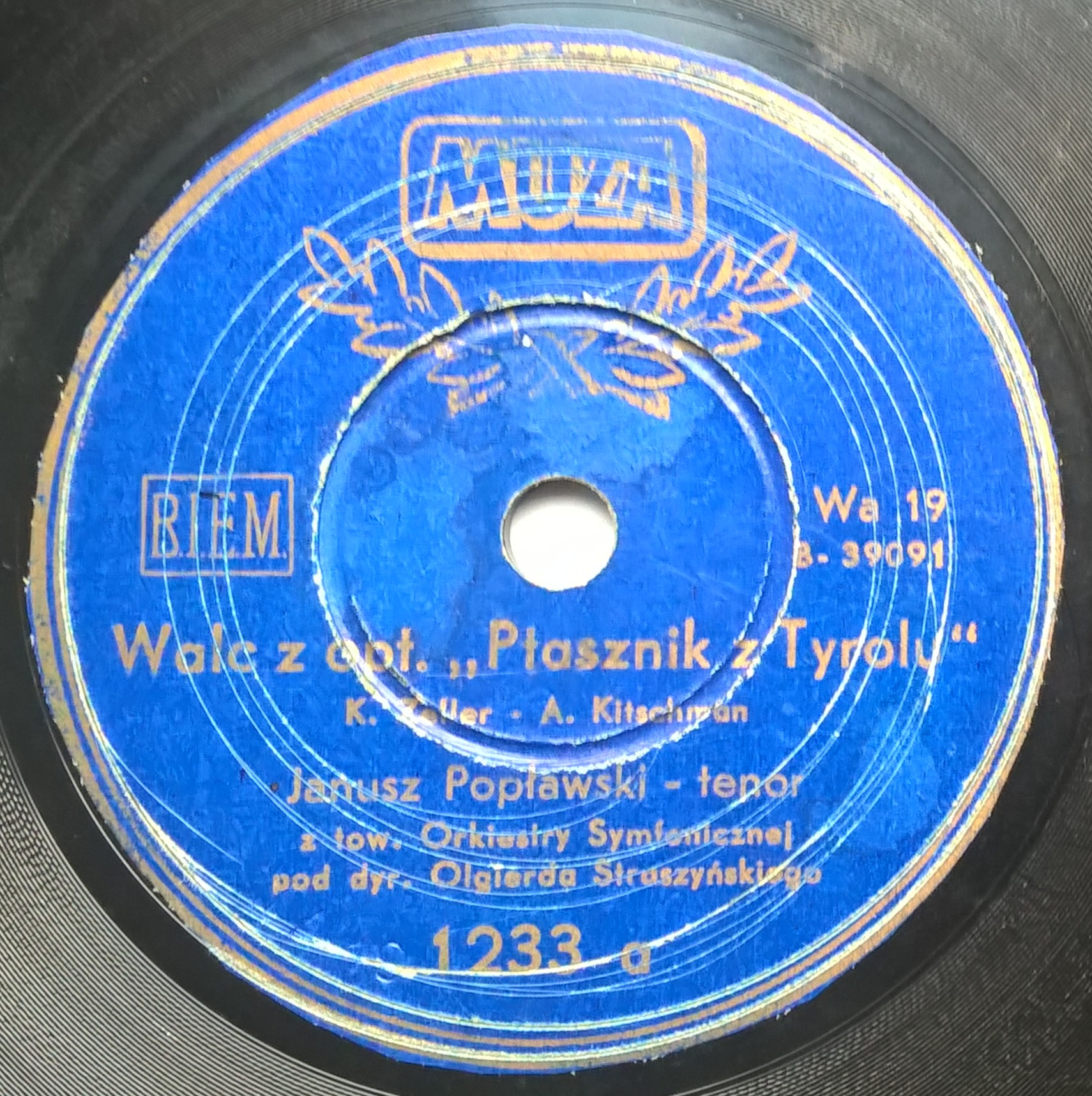 Płyta szelakowa Muza - walce: "Ptasznik z Tyrolu" oraz "Wesoła wdówka"