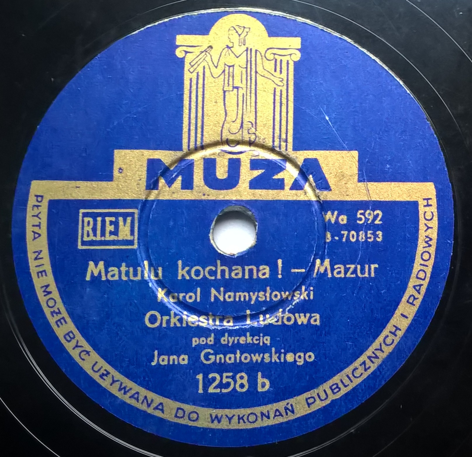 Płyta szelakowa Muza - Mazur: "Podkóweczki dajcie ognia!" oraz "Matulu kochana!" Karol Namysłowski