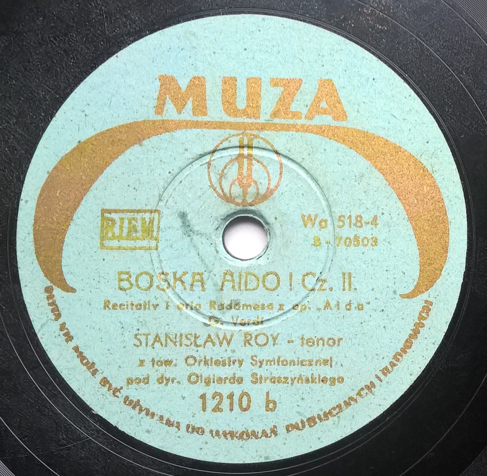 Płyta szelakowa Muza - "Boska Aido!" - aria z opery AIDA, Giuseppe Verdi - śpiew Stanisław Roy