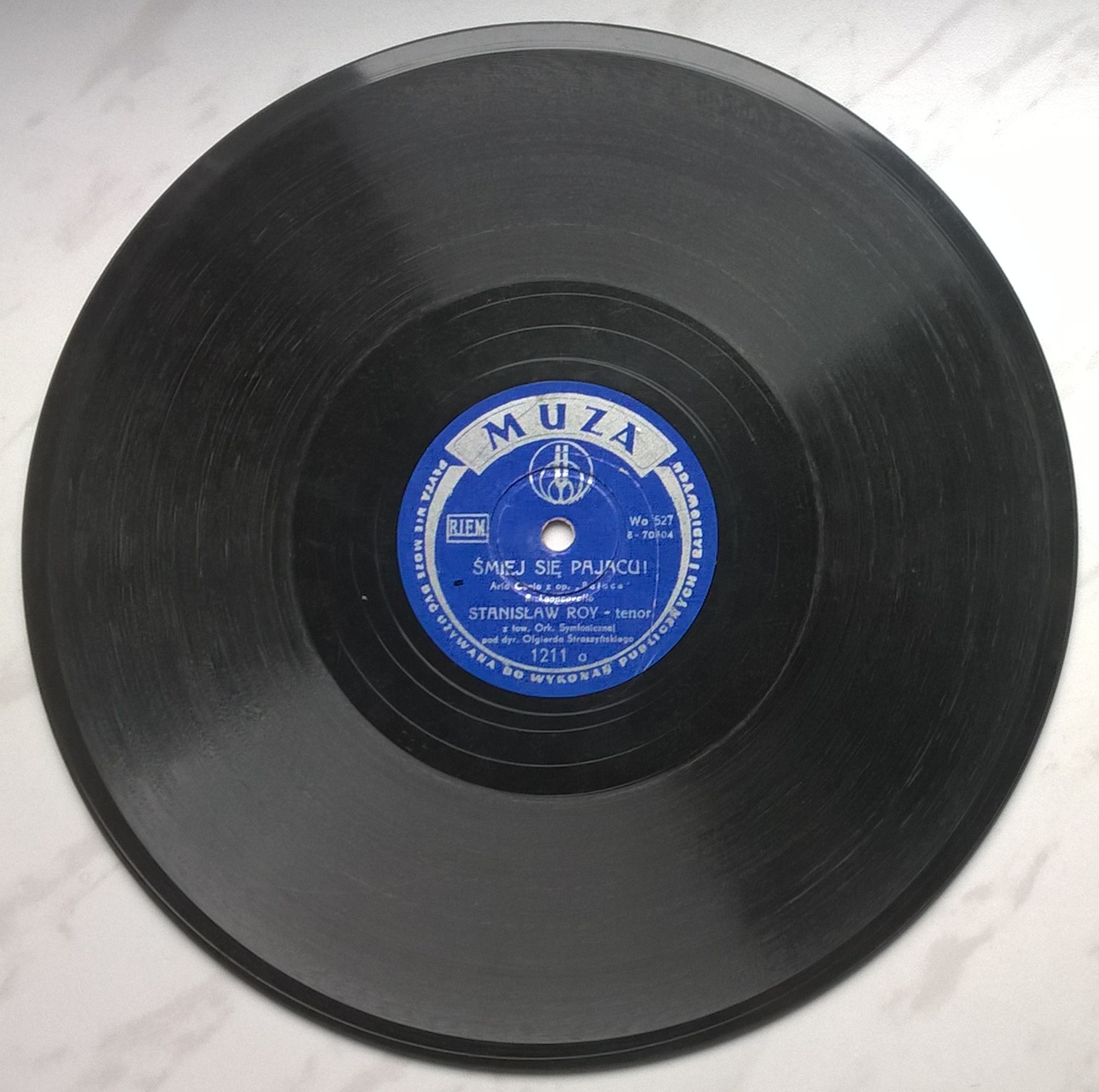 Płyta szelakowa Muza - arie: "Śmiej się Pajacu" oraz "Czy Ty mnie kochasz" - śpiewa Stanisław Roy