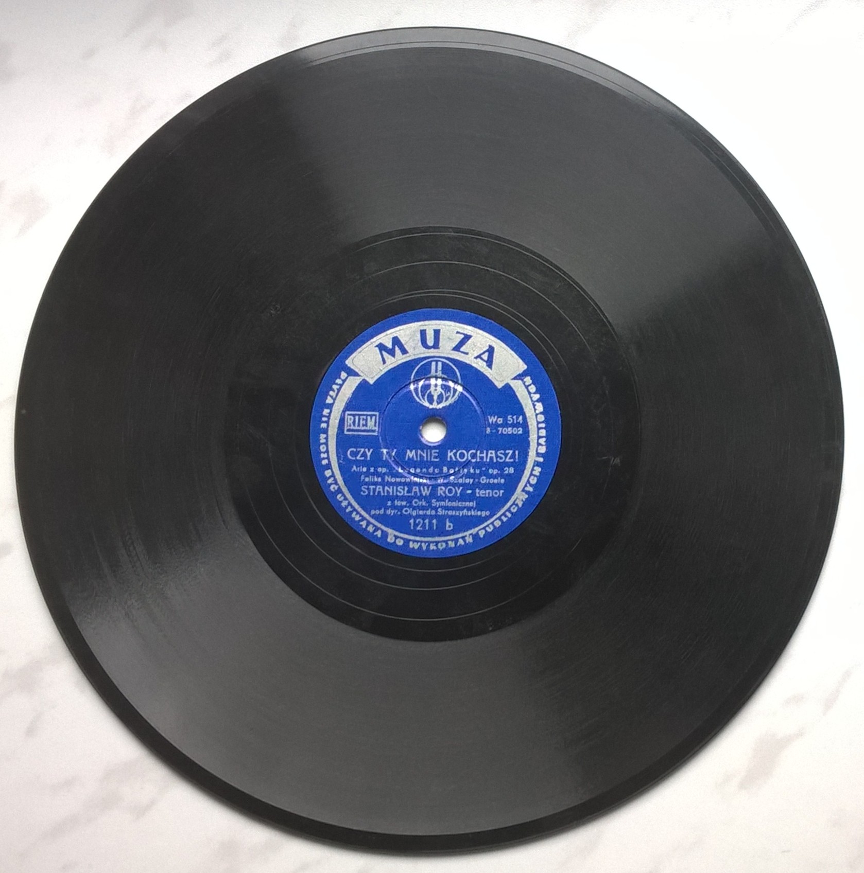 Płyta szelakowa Muza - arie: "Śmiej się Pajacu" oraz "Czy Ty mnie kochasz" - śpiewa Stanisław Roy
