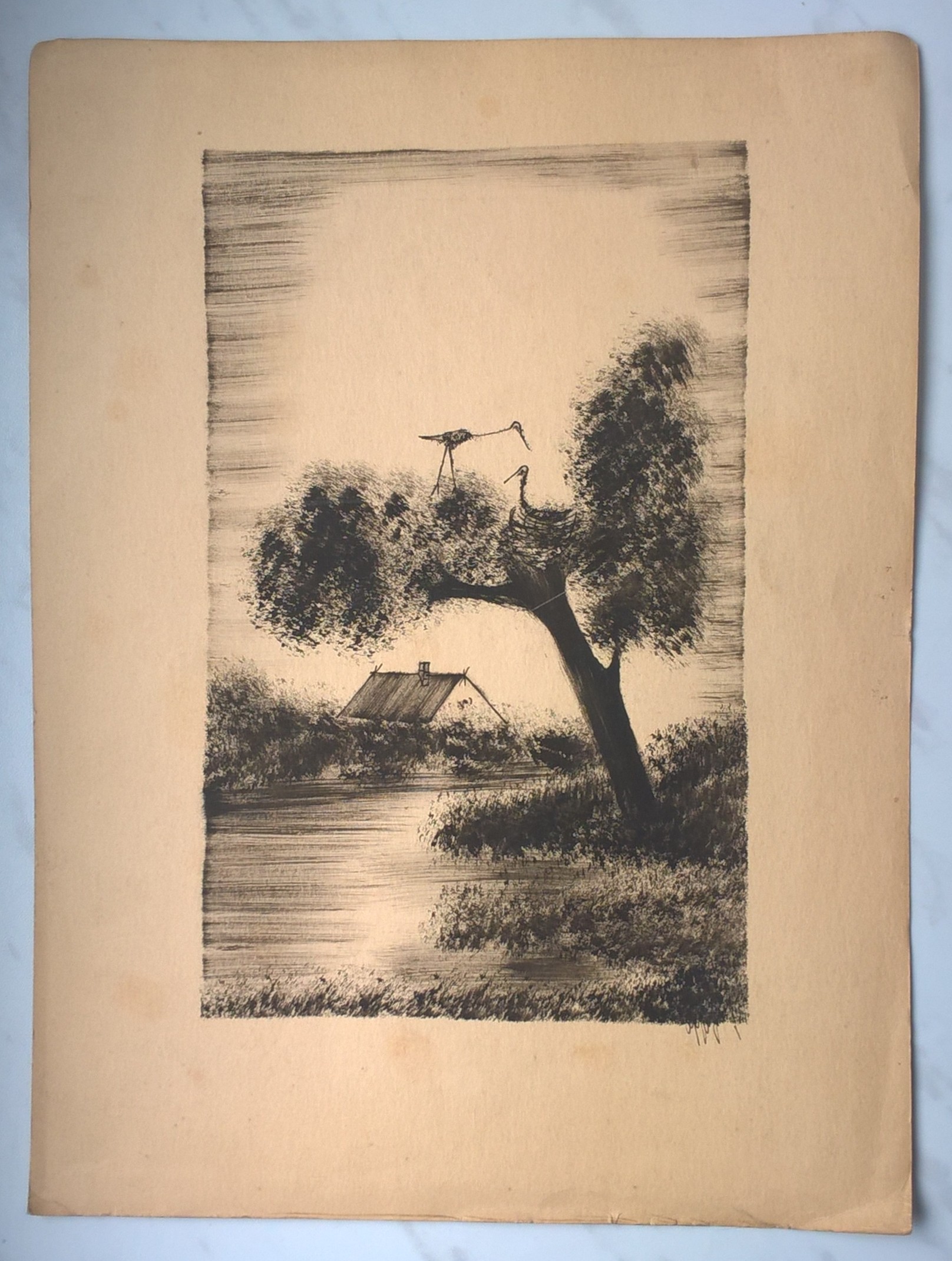 Grafika - pejzaż wiejski, bociany