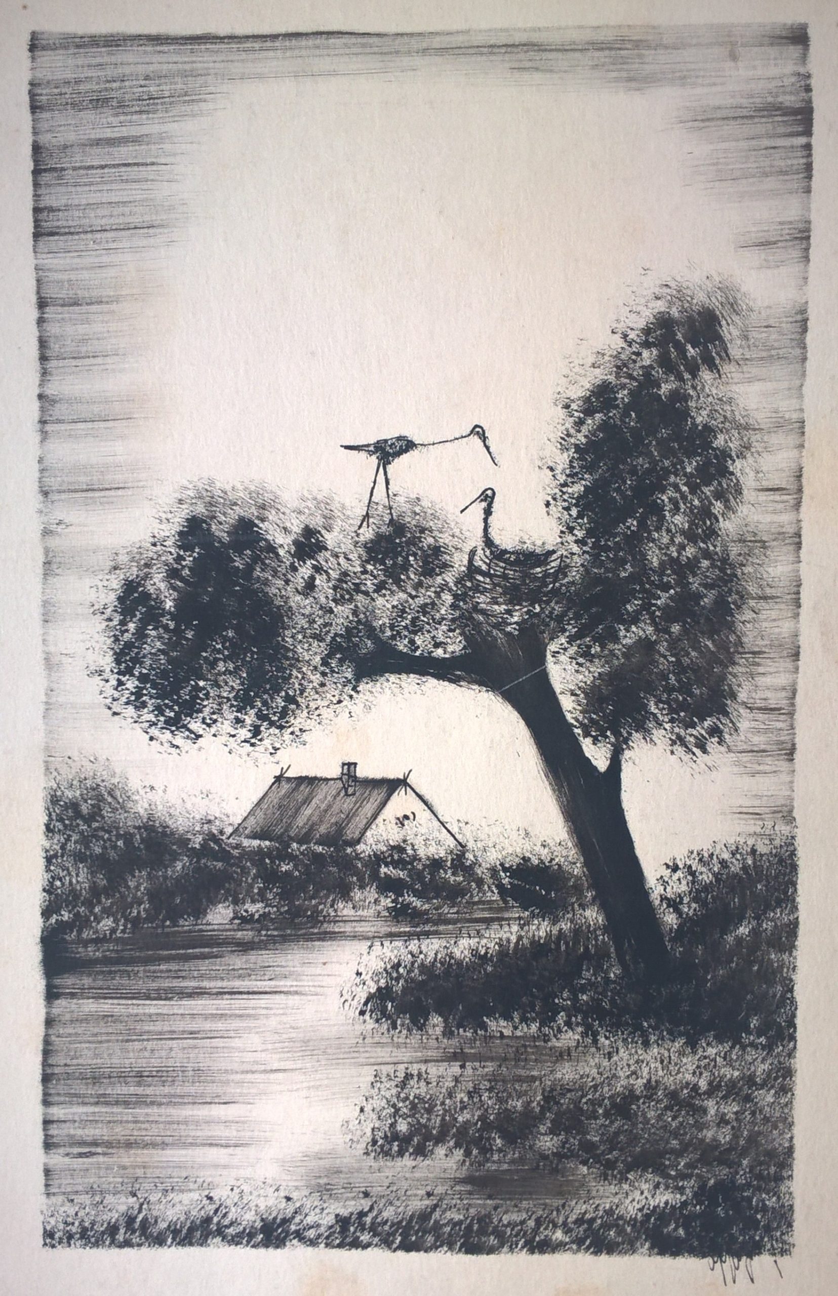 Grafika - pejzaż wiejski, bociany