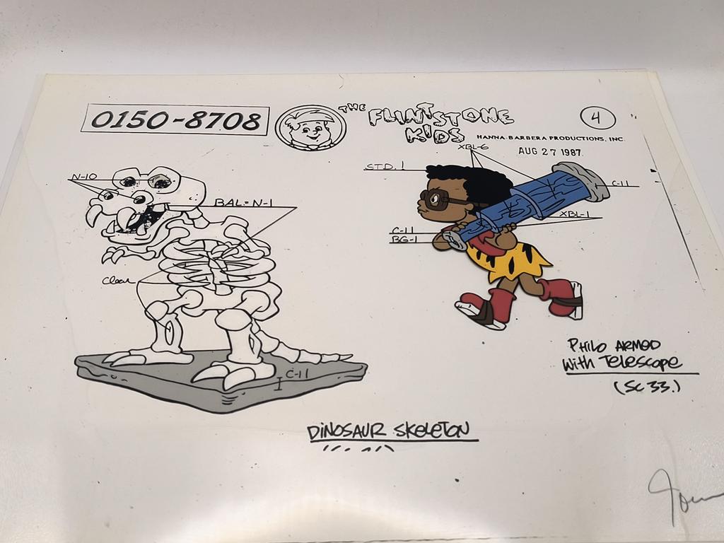 Folia animacyjna „The Flintstone Kids” – Philo armed with telescope, Dinosaur skeleton, 1987 r.