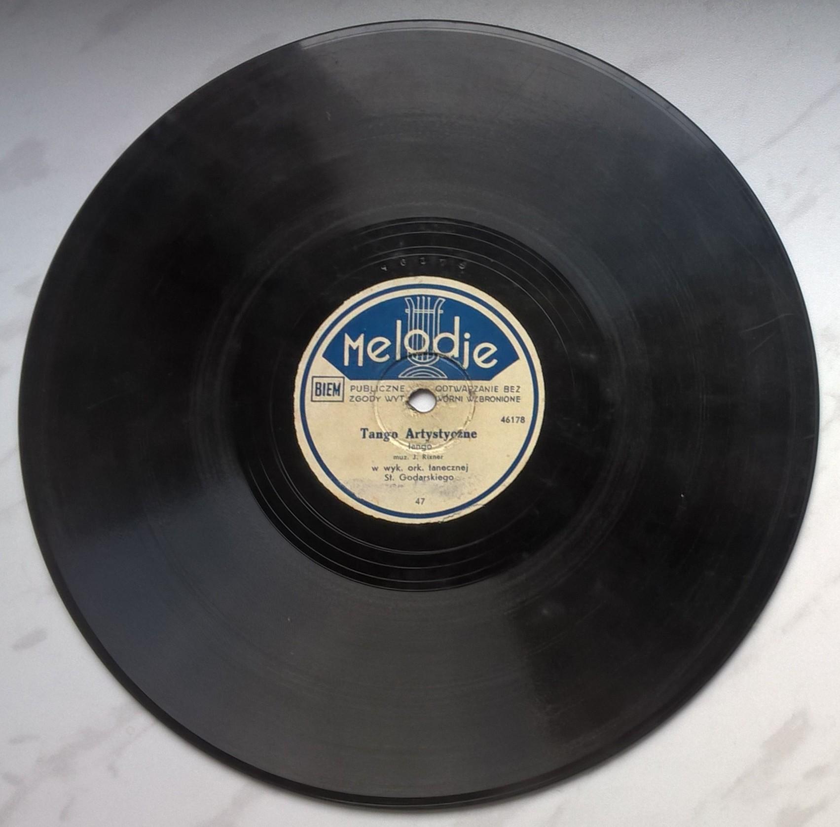 Płyta szelakowa Melodje - tango "Tango Artystyczne" oraz piosenka "Odpowiedź Warszawy"