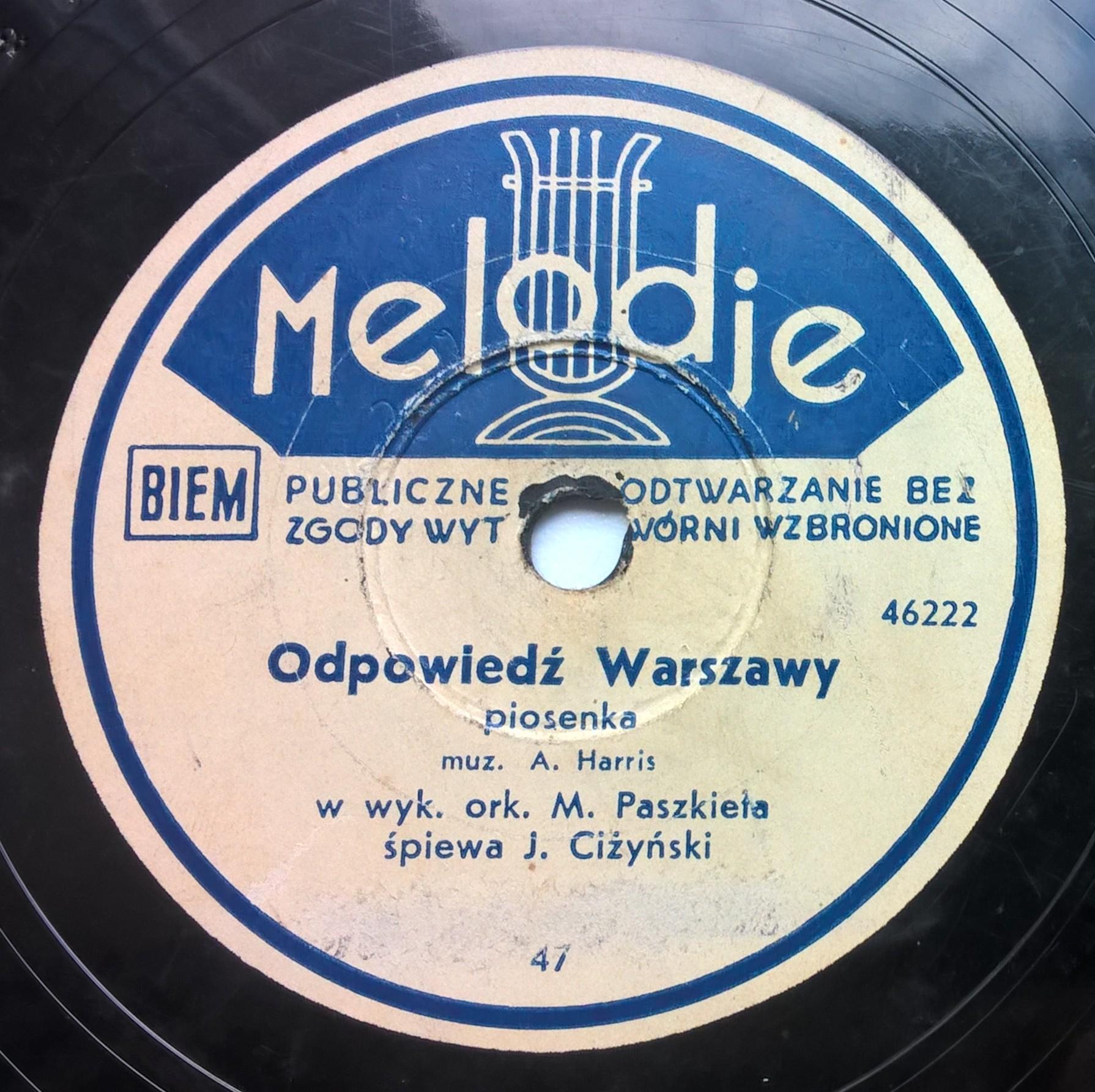 Płyta szelakowa Melodje - tango "Tango Artystyczne" oraz piosenka "Odpowiedź Warszawy"