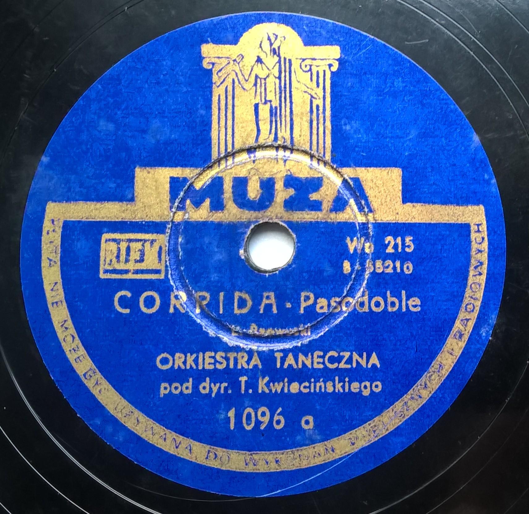 Płyta szelakowa Muza - Pasodoble "Corrida" oraz Tango "Zapłakane oczy"