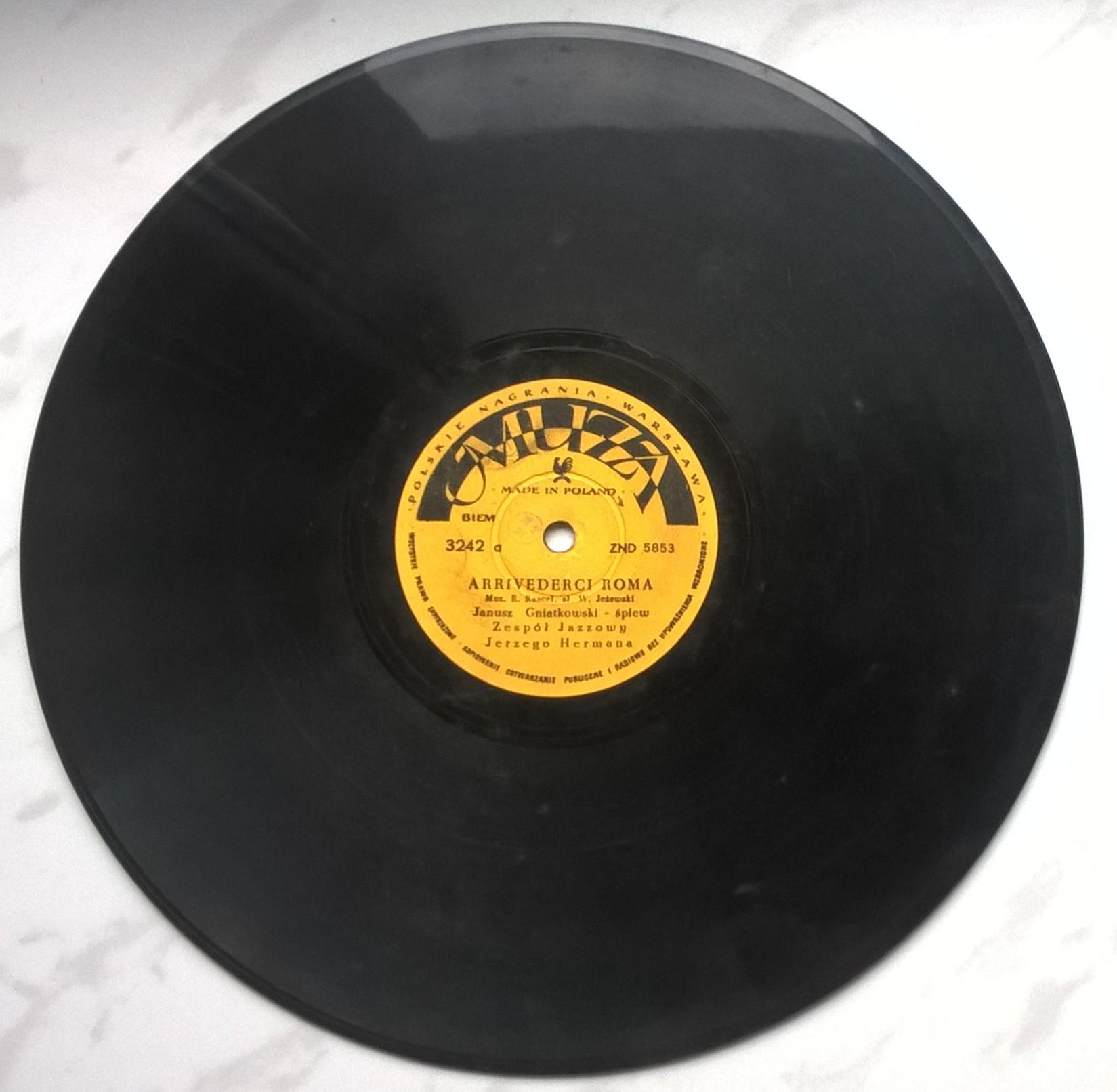 Płyta szelakowa Muza - "Arrivederci Roma" śpiewa Janusz Gniatkowski oraz beguine "Kaktusy" (Górkiewicz i Skowroński)