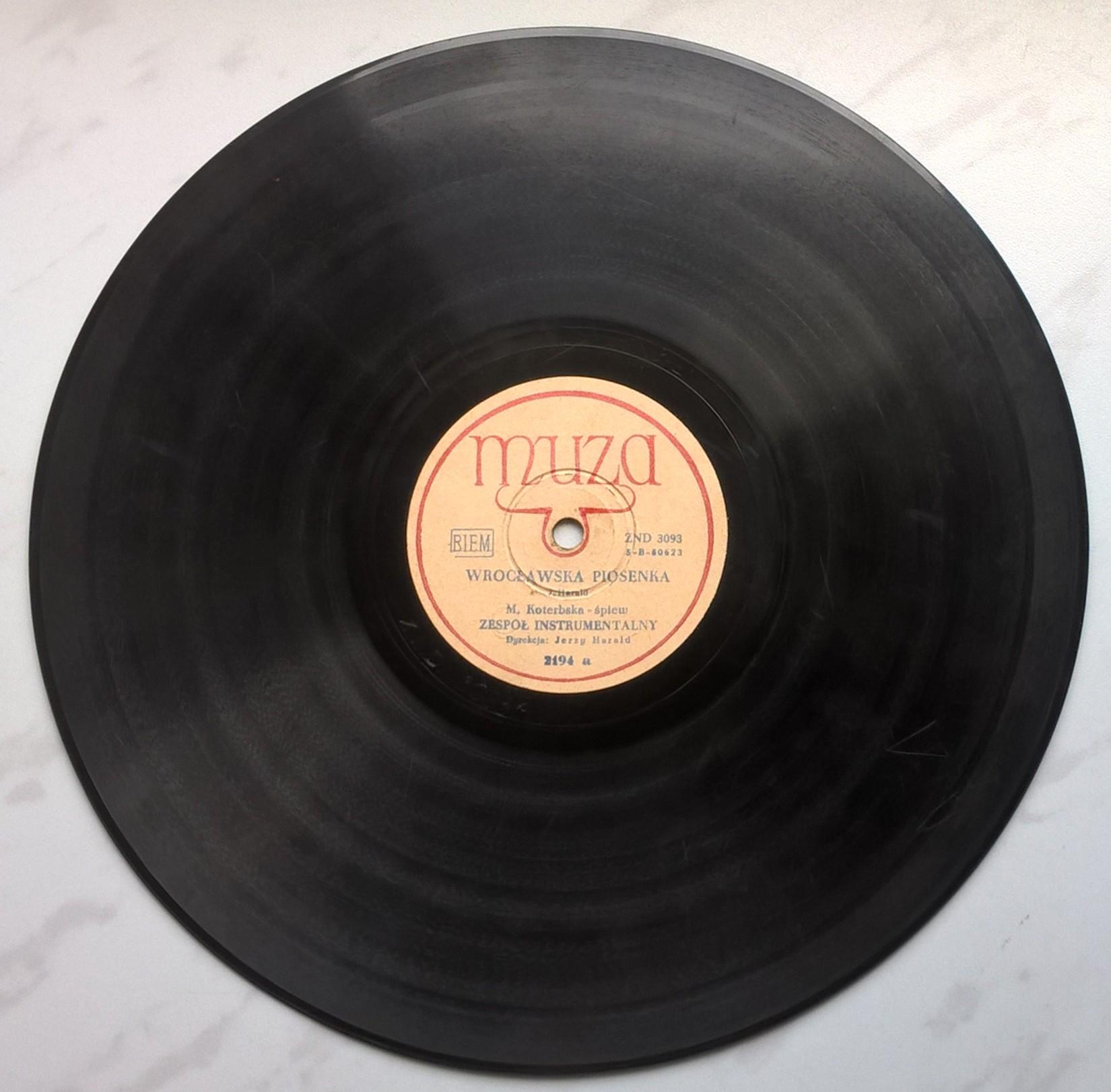 Płyta szelakowa Muza - piosenki Jerzego Haralda: "Wrocławska piosenka" śpiewa Maria Koterbska oraz foxtrot "Własny domek"