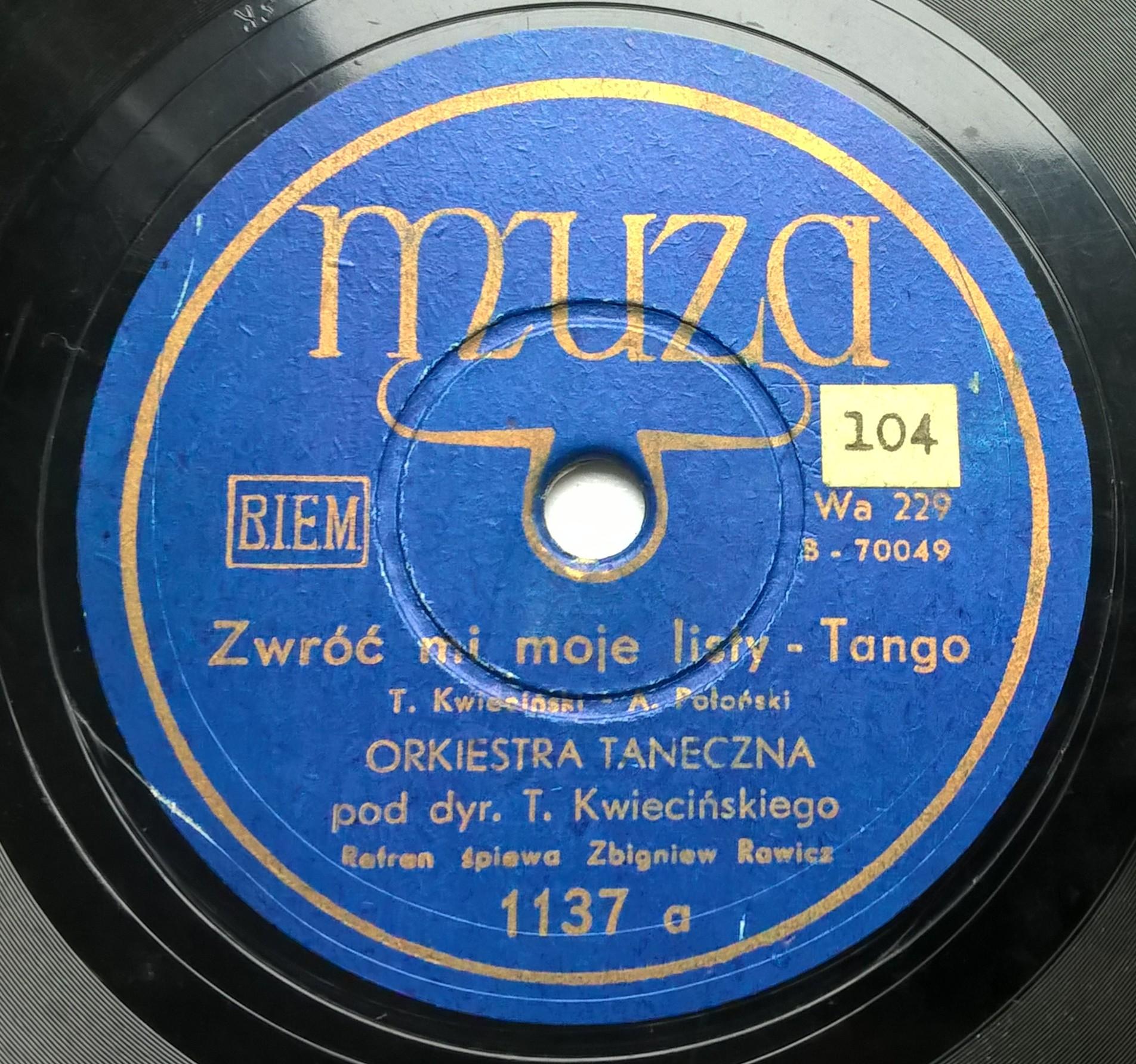 Płyta szelakowa Muza - tango: "Zwróć mi moje litery" oraz "Tango"