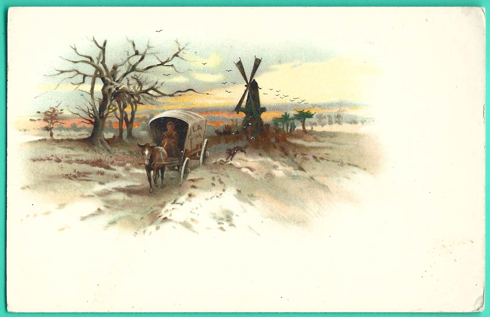 Pocztówka - pejzaż jesienny (powóz konny, młyn)