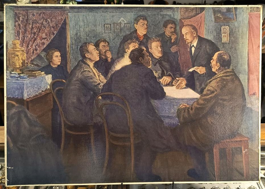 Plakat propagandowy „W. I. Lenin przemawia na zebraniu marksistowskim w Petersburgu” – mal. A. B. Moravov