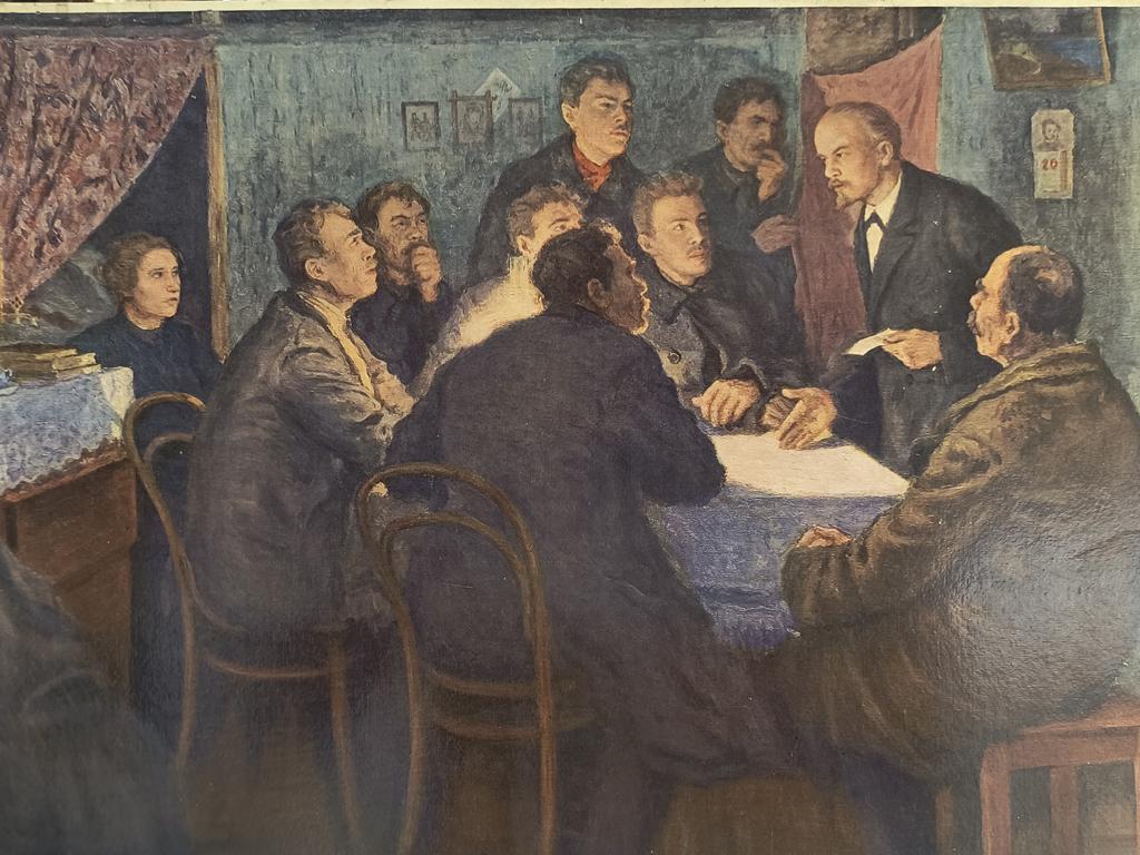 Plakat propagandowy „W. I. Lenin przemawia na zebraniu marksistowskim w Petersburgu” – mal. A. B. Moravov
