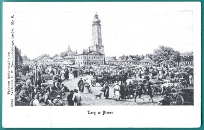 Pocztówka - Targ w Bieczu - mal. Tadeusz Rybkowski