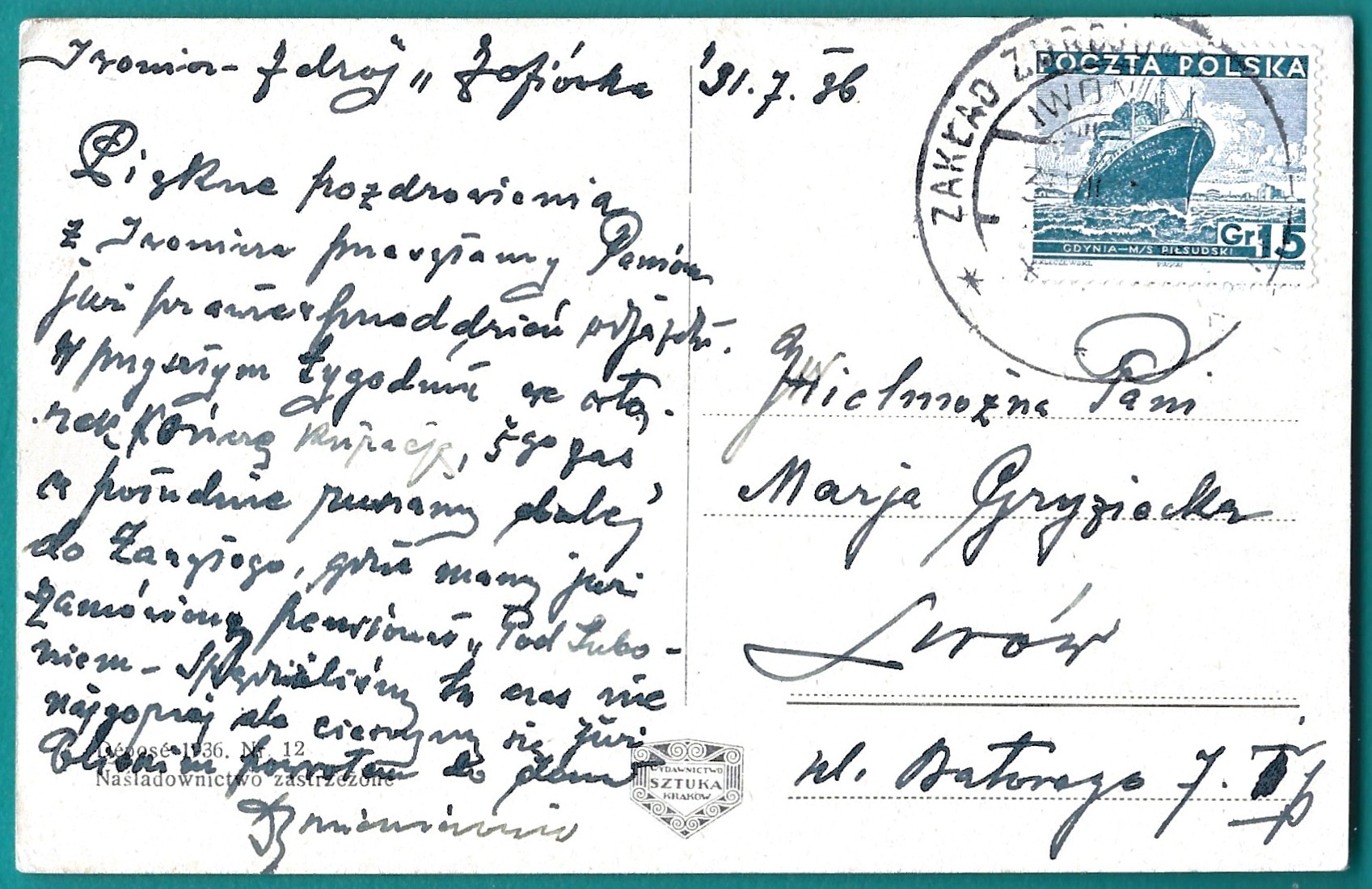 Pocztówka - IWONICZ. Plac Dietla, 1936 r.