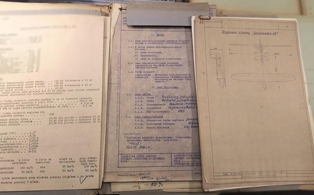 Oryginalne plany konstrukcyjne - szybowiec Salamandra 49 i 53