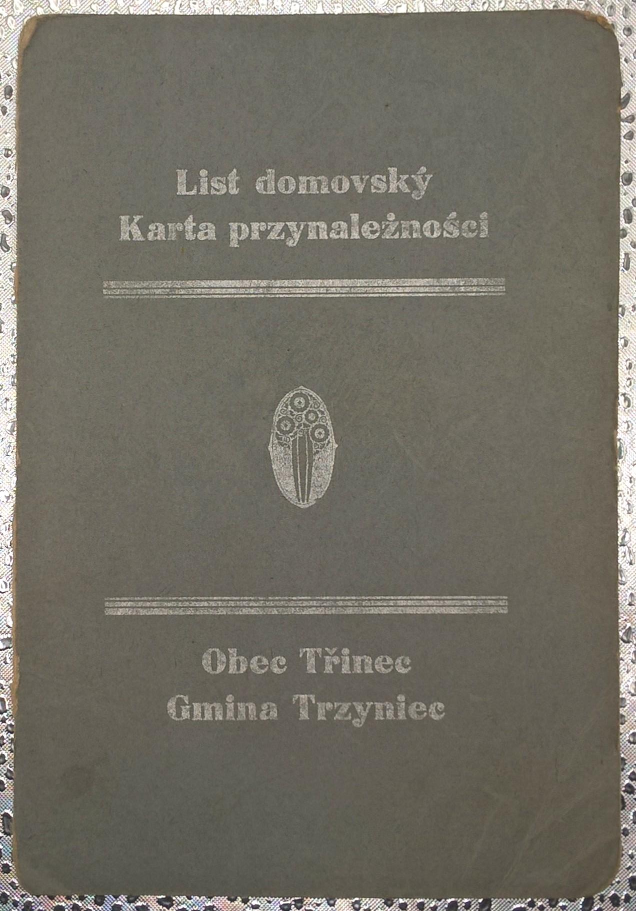 Dokument - Karta przynależności (List domovsky), Gmina Trzyniec (Obec Trinec), 1929 r.
