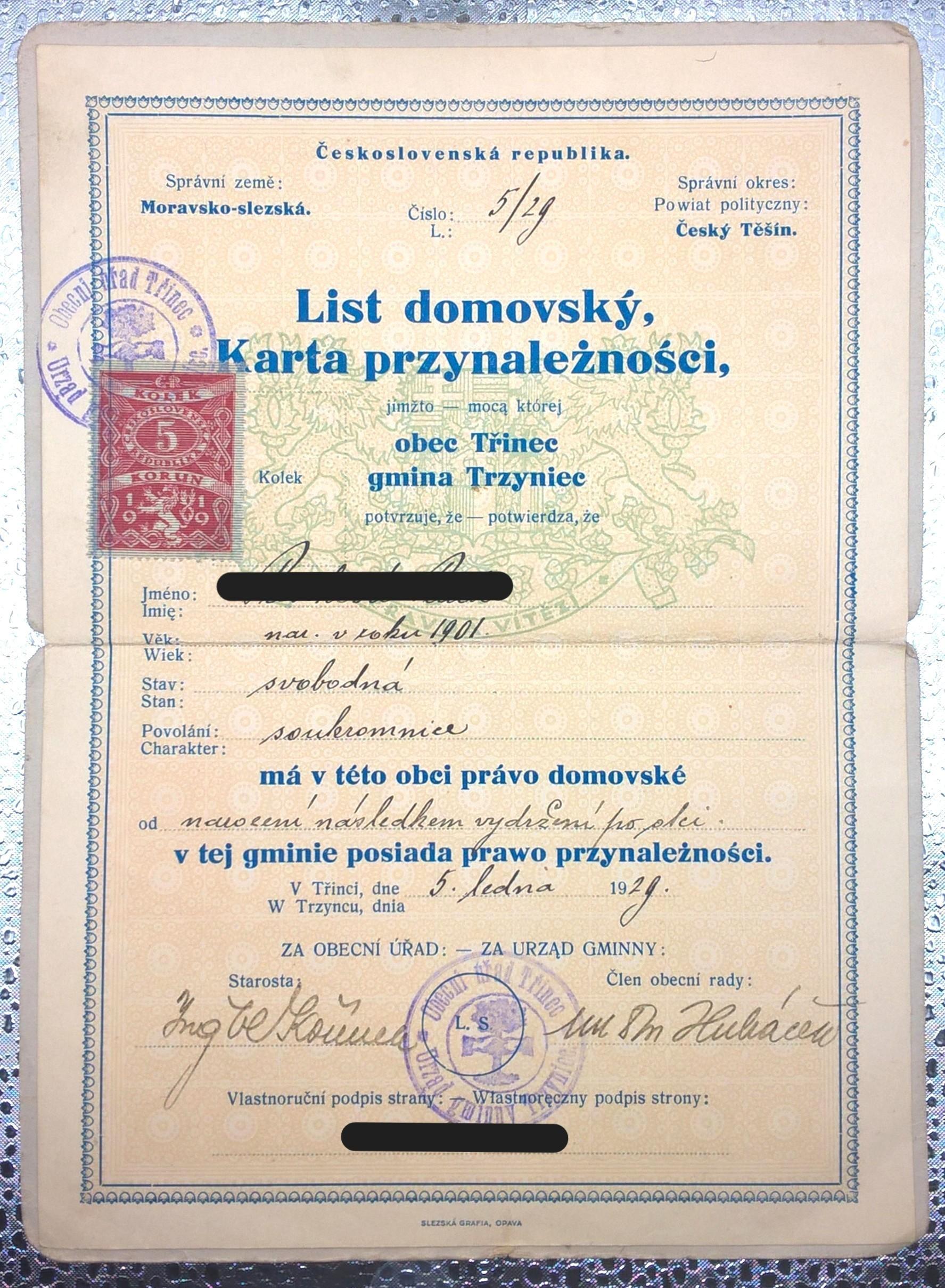 Dokument - Karta przynależności (List domovsky), Gmina Trzyniec (Obec Trinec), 1929 r.