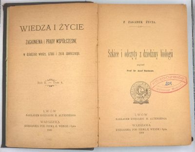 Książka "Szkice i odczyty z dziedziny biologii" Józef Nusbaum, 1900 r.