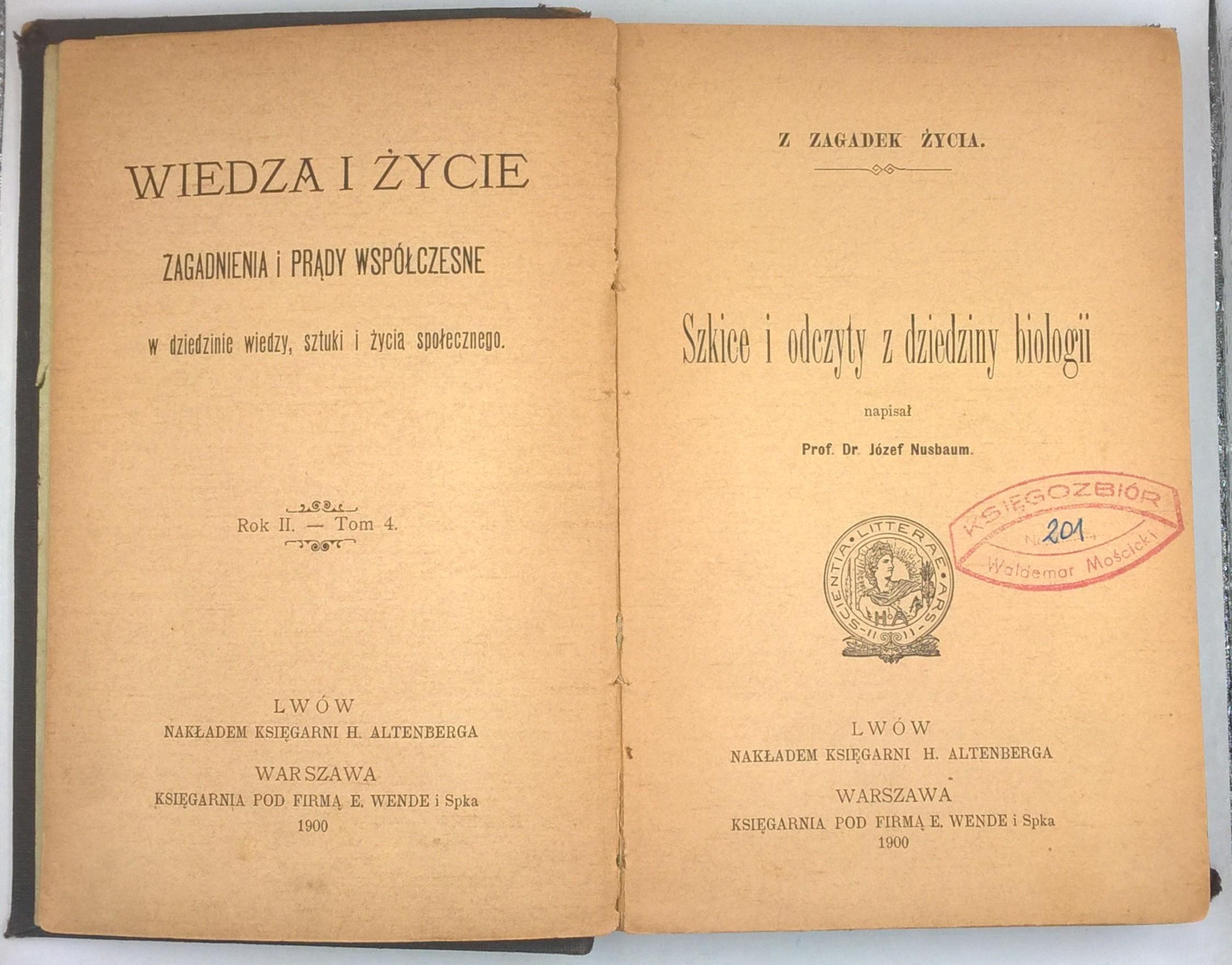 Książka "Szkice i odczyty z dziedziny biologii" Józef Nusbaum, 1900 r.