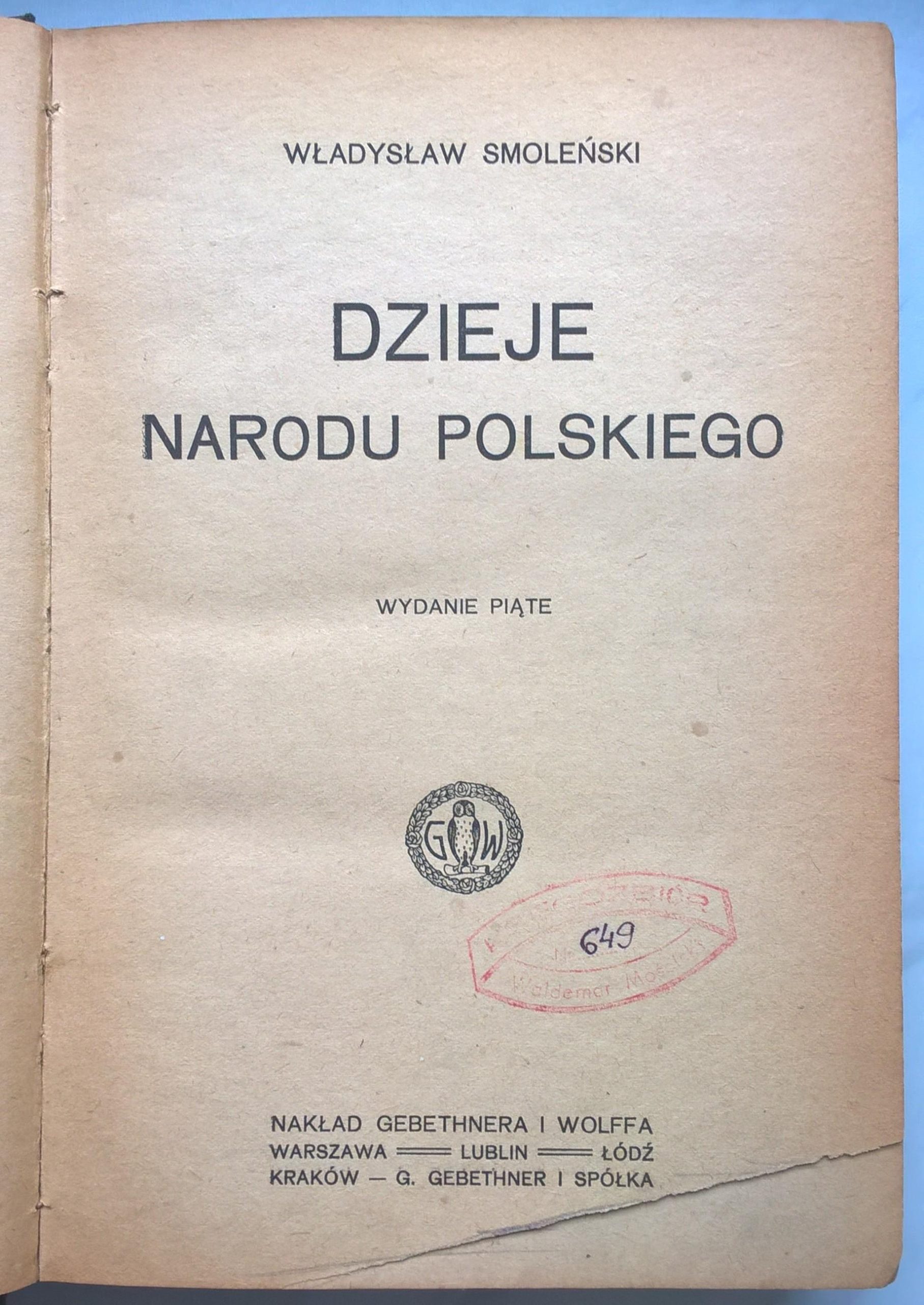 Książka "Dzieje narodu polskiego" Władysław Smoleński, 1919 r.
