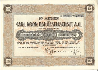 10 Akcji Firmy Budowlanej Karola Korna – 100 szylingów – 1929 r., Wiedeń [Nr 07,881 bis Nr 07,890]