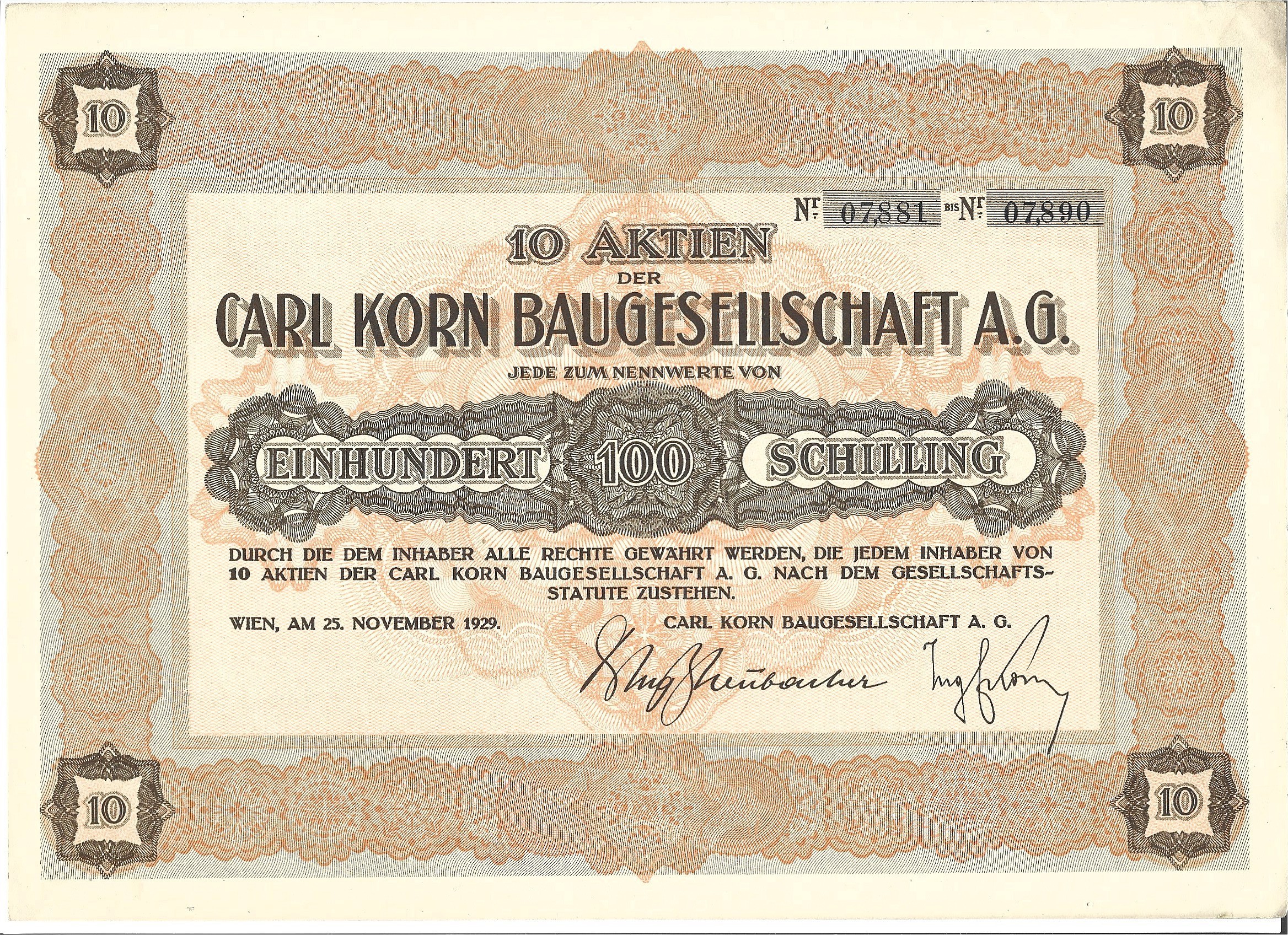 10 Akcji Firmy Budowlanej Karola Korna – 100 szylingów – 1929 r., Wiedeń [Nr 07,881 bis Nr 07,890]