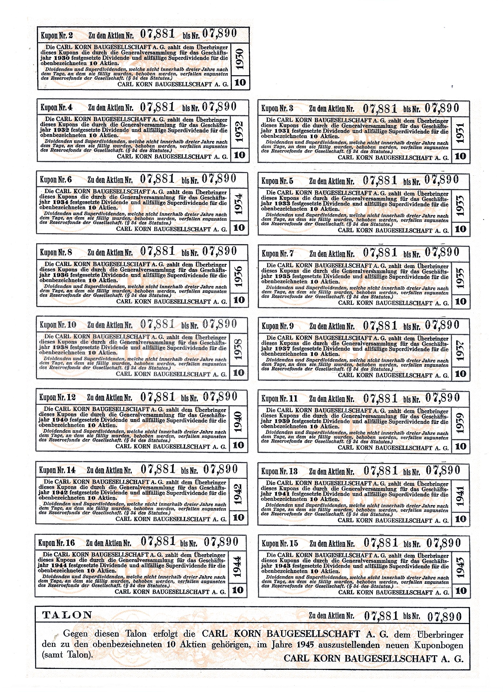 10 Akcji Firmy Budowlanej Karola Korna – 100 szylingów – 1929 r., Wiedeń [Nr 07,881 bis Nr 07,890]